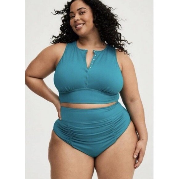 *New Torrid 2 Pc Swimsuit Womens Plus 3 Green High Neck Henley Top Cheeky Brief - Picture 1 of 13